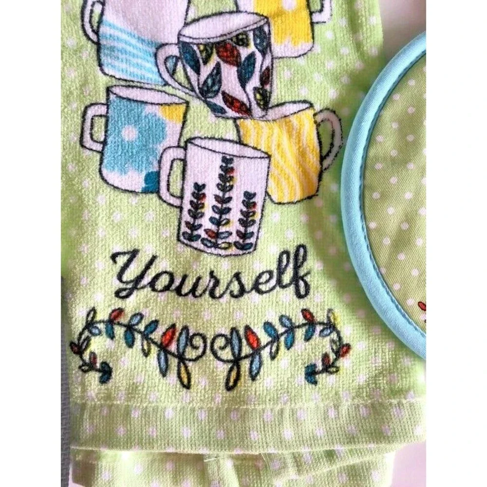 Expresso Yourself Coffee Themed Set of 3 Dish Towel Potholder Oven Mitt Lime